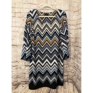 R&K Dress Womens Large Shift Rust & Blue Chevron Print Stretch Bell Sleeve